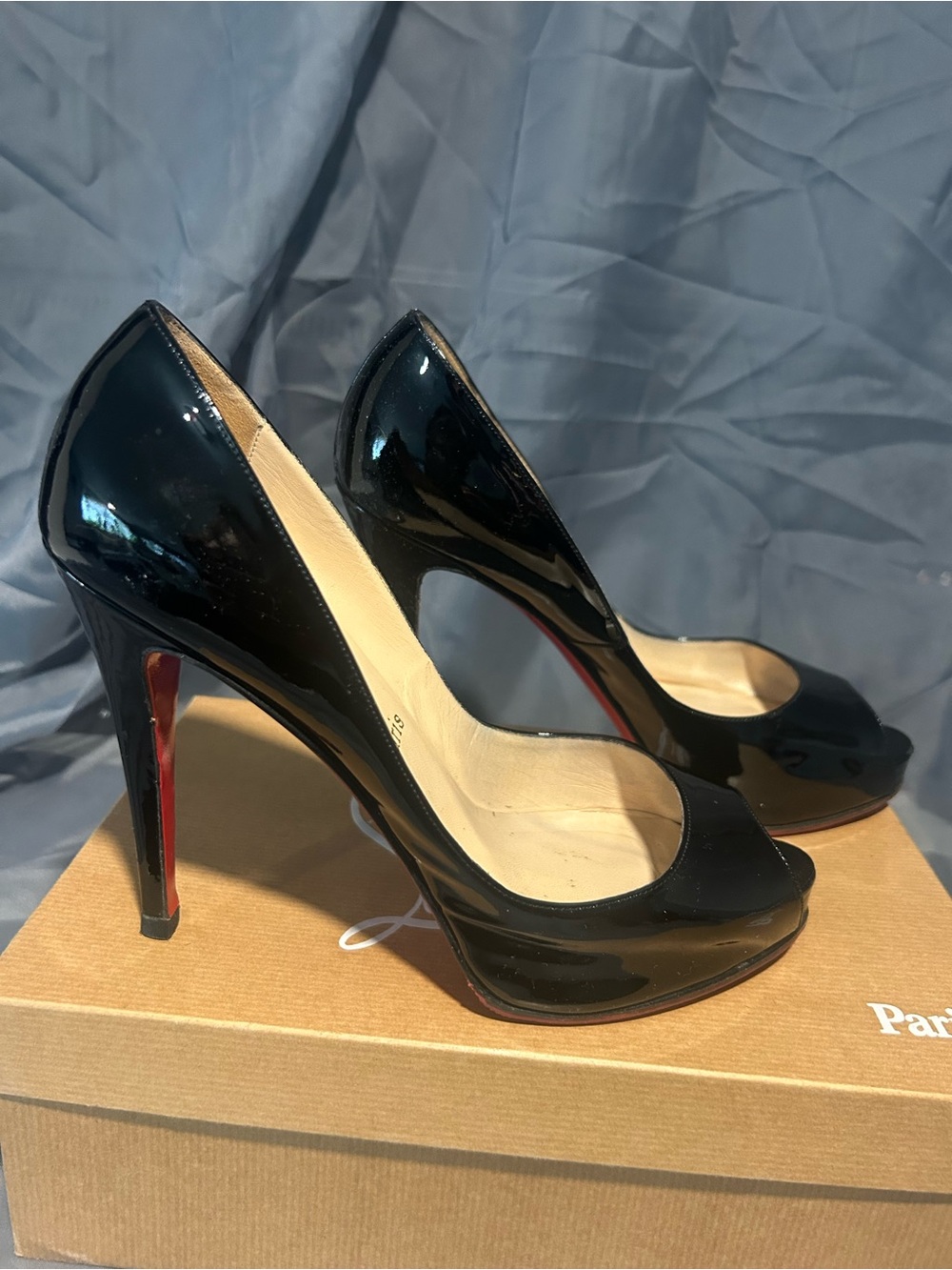 Christian Louboutin Black Patent Peep-Toe High Heels Size 39.5